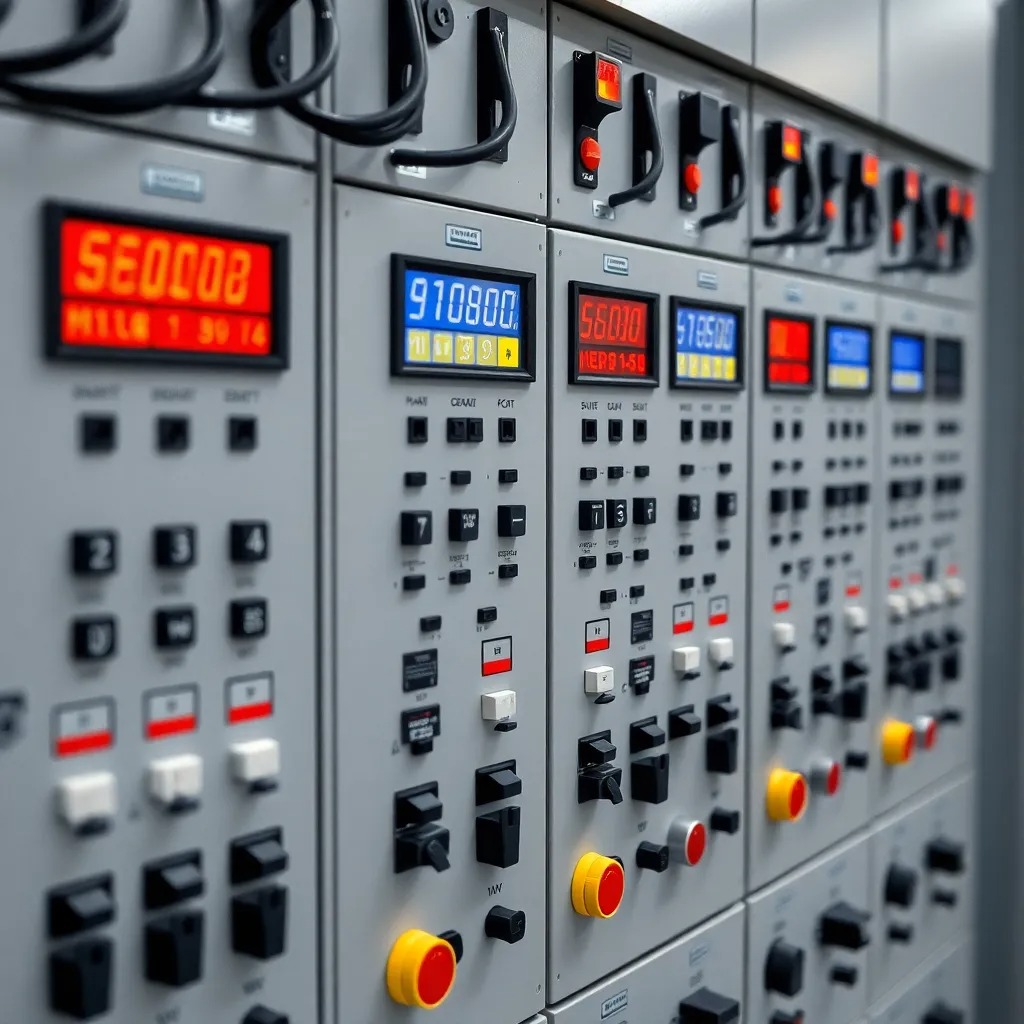 Modern electrical switchgear panel with digital displays