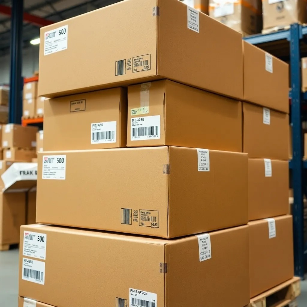 Export-grade packaging boxes with fragile labels stacked in warehouse