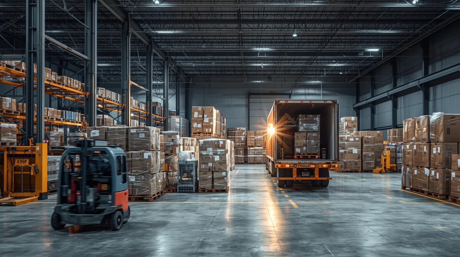 Warehouse worker inspecting electrical switchgear boxes ready for shipment in a large industrial warehouse