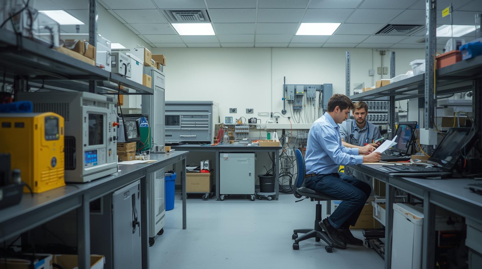 Quality control technician testing electrical components with precision instruments in a modern lab