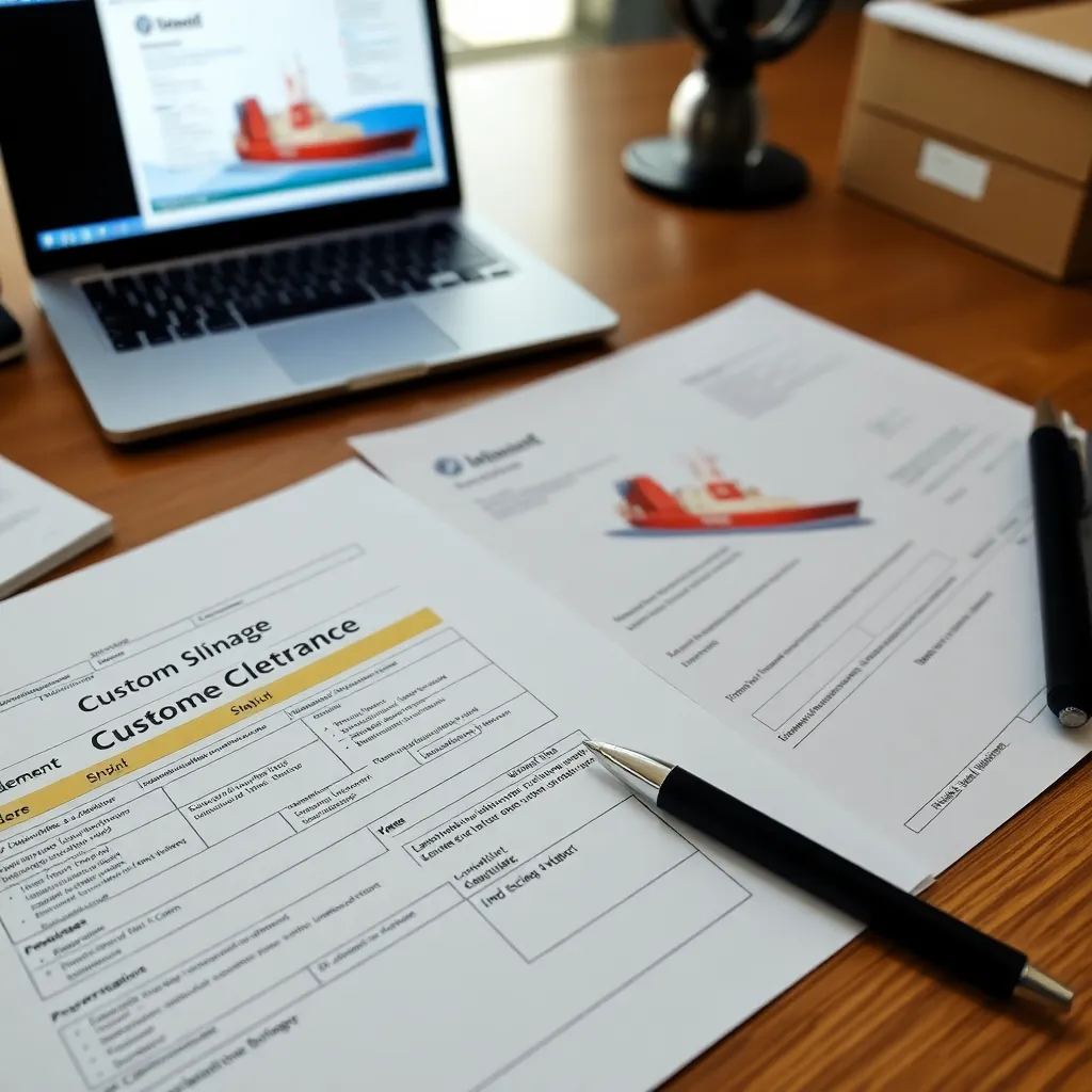 Customs clearance documents and shipping paperwork on a desk with a laptop and pen